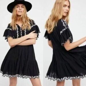 Free People Santiago Floral Embroidered Tiered Dress in Black Size XS Women